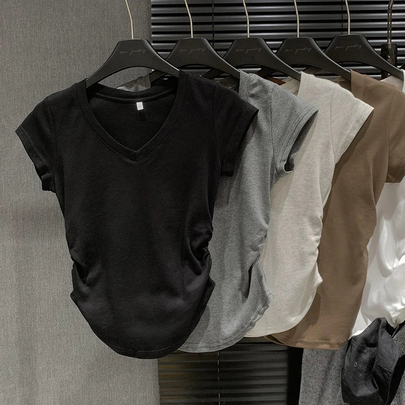 Summer Solid V Neck Pullover Irregular Pleated T Shirt Women Short Sleeved Holiday Tops 2024 Korean Fashion Simplicity Clothing