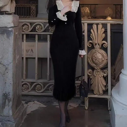 Load image into Gallery viewer, Autumn Winter 2024 Vintage Patchwork Elegant Single Breasted Knit Long Sleeved Dress Women Holiday Slim Ruffles Fishtail Dresses
