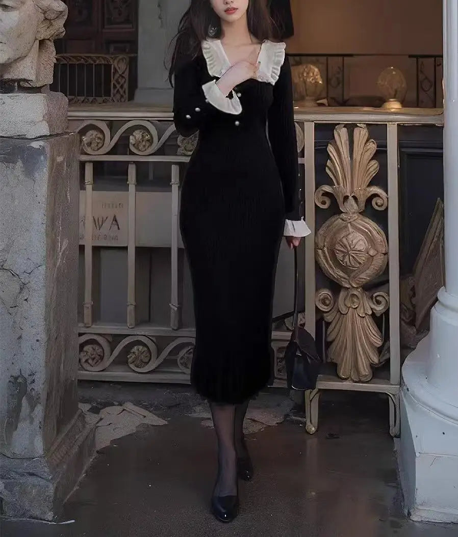 Autumn Winter 2024 Vintage Patchwork Elegant Single Breasted Knit Long Sleeved Dress Women Holiday Slim Ruffles Fishtail Dresses