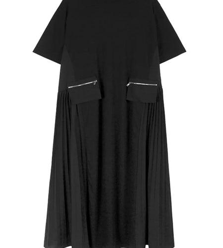 Women Black Pocket Pleated Big Size Midi Casual Dress New Round Neck Short Sleeve Fashion Tide Spring Summer 2025 1DJ0137