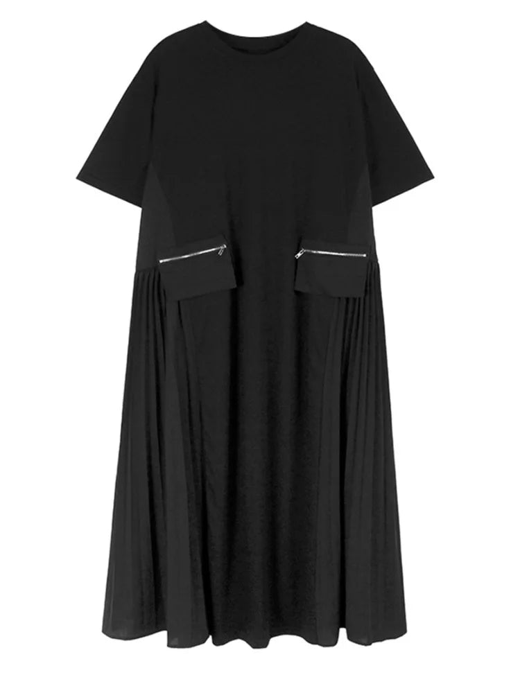 Women Black Pocket Pleated Big Size Midi Casual Dress New Round Neck Short Sleeve Fashion Tide Spring Summer 2025 1DJ0137