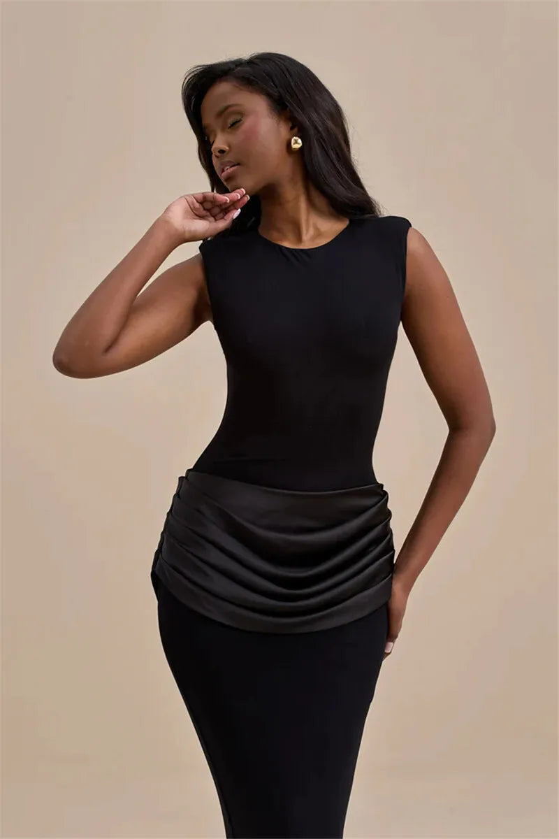 Sleeveless Ruched Sexy Maxi Dress For Women Gown Fashion Black O Neck High Waist Bodycon Club Party Long Dress Vestido