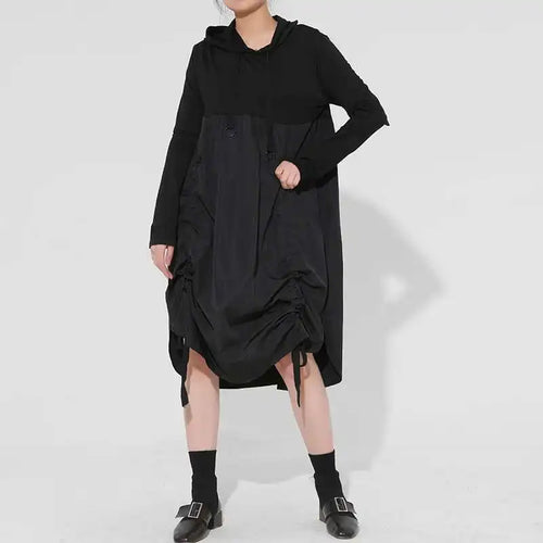 Load image into Gallery viewer, Women Black Drawstring Hollow Out Big Size Irregular Dress New Hooded Long Sleeve Fashion Tide Spring Autumn 2025 JD076
