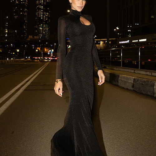 Load image into Gallery viewer, Elegant Long Sleeved Tight Hollow Out Shiny Bodycon Party Club Evening Dress 2025 Spring New Sexy Fishtail Vestidos
