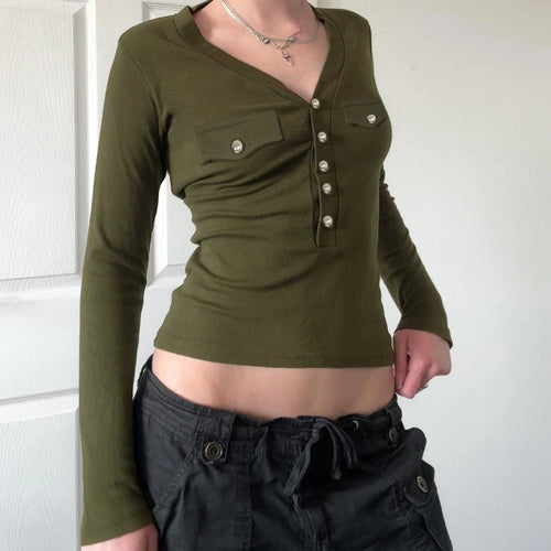 Load image into Gallery viewer, Mall Goth Top y2k Women Solid Color V Neck Upper Button Down Long Sleeve T Shirts with Fake Pockets 2000s Streetwear
