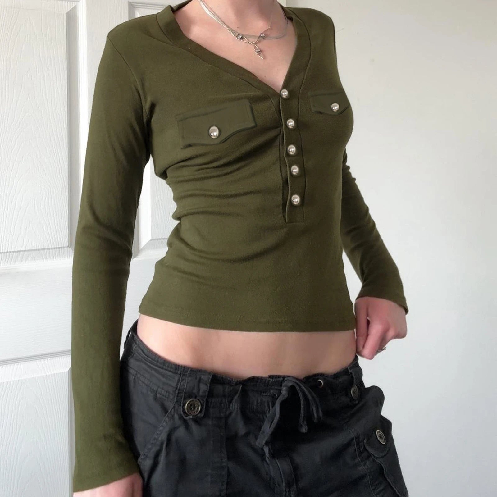 Mall Goth Top y2k Women Solid Color V Neck Upper Button Down Long Sleeve T Shirts with Fake Pockets 2000s Streetwear