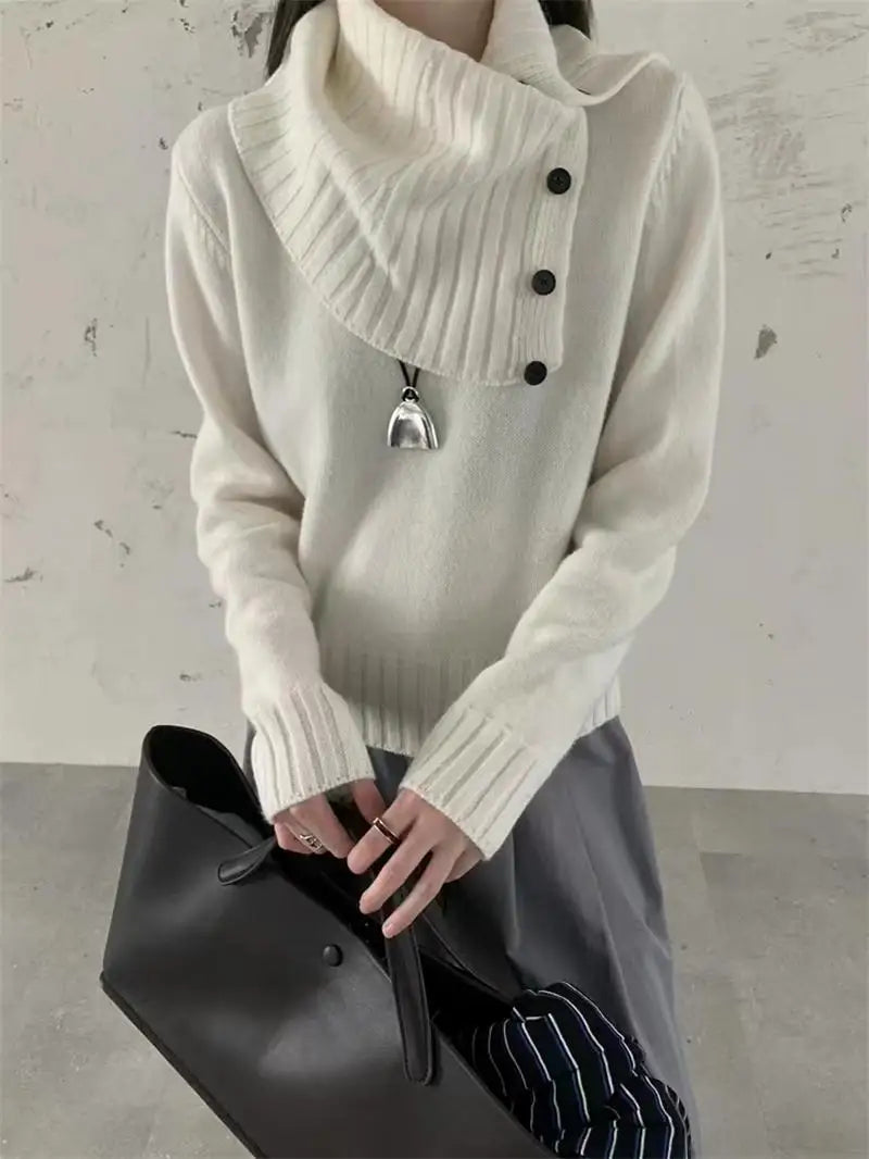 Autumn Winter Grey Long Sleeves Sweater Korean Fashion Women's Beige Holiday Knitted Scarf Tops Casual Versatile Simplicity Chic