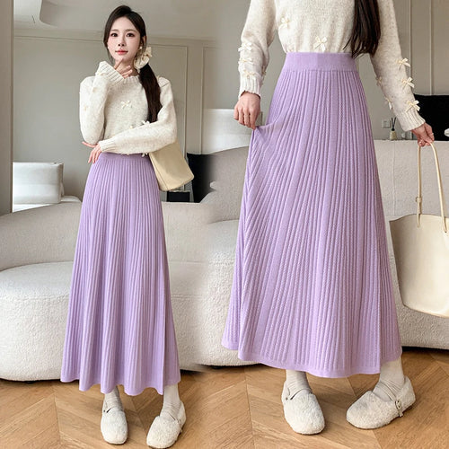 Load image into Gallery viewer, Vintage Women's Solid Elegant Party Knitted Long Skirt High Waist Pleated Warm Vacation A-line Skirts 2024 Autumn Winter Popular
