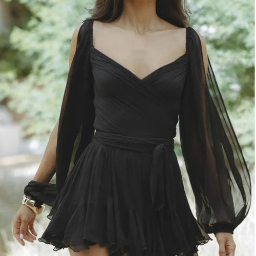 Load image into Gallery viewer, Elegant Long Sleeved Mesh Transparent Pleated Dress For Women Sexy Deep V Backless Double Layered Mini Skirt Party Beach
