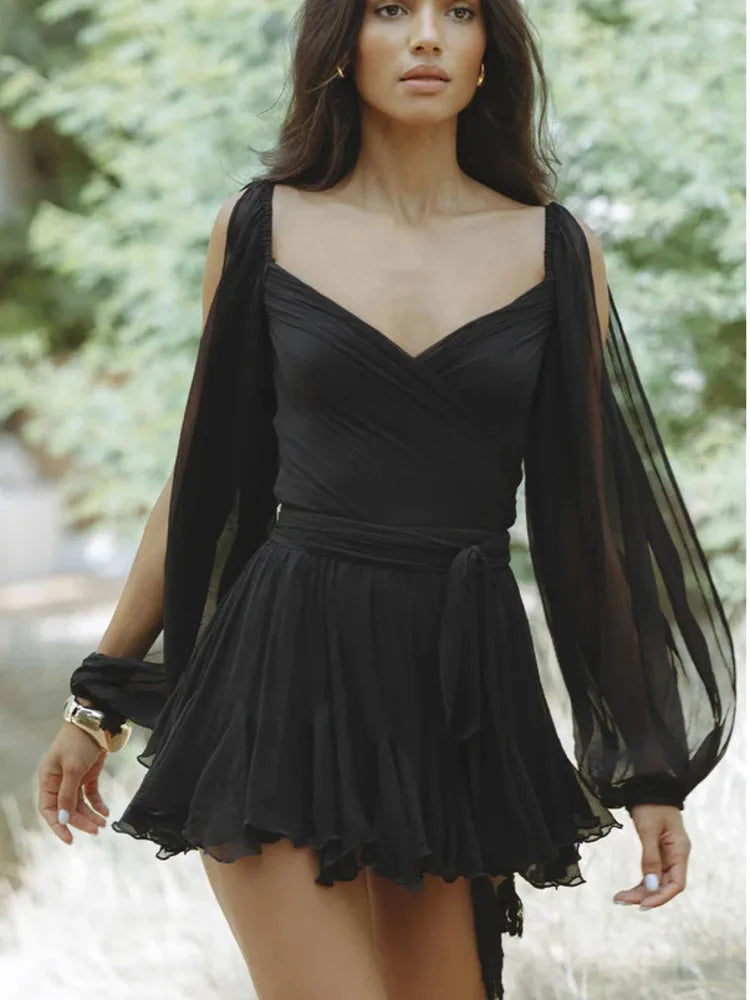 Elegant Long Sleeved Mesh Transparent Pleated Dress For Women Sexy Deep V Backless Double Layered Mini Skirt Party Beach