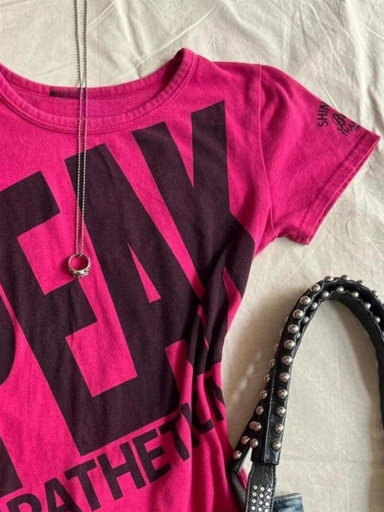 2025 Summer Letter Printing T-shirts Y2k Aesthetic Vintage Casual Fairy Cropped Tops Women Harajuku Grunge Bodycon Rose Red Tees