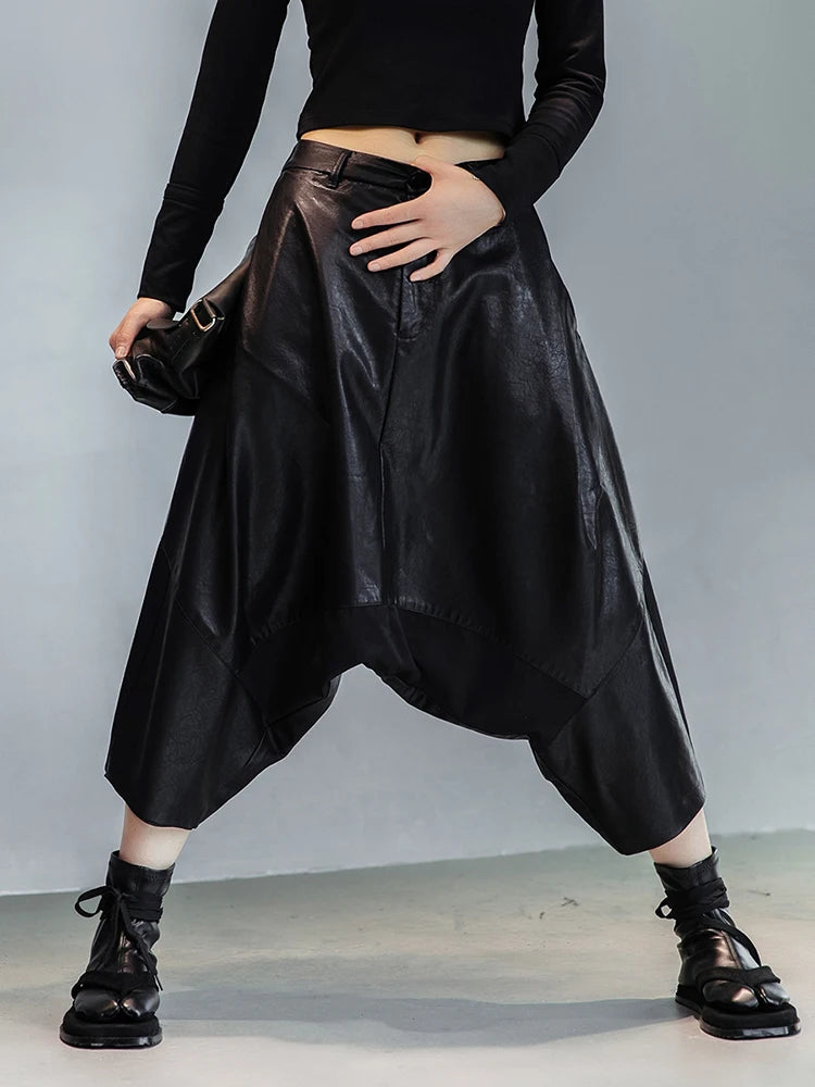 High Elastic Waist Black Leather Long Harem Trousers New Loose Fit Pants Women Fashion Tide Spring Autumn 2025 1DE3072
