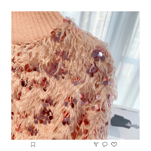 Load image into Gallery viewer, Autumn Winter Sweet Pink Sequins Elegant Round Neck Pullover Short Sweater Women's 2024 New Beige Long Sleeved Loose Knitted Top
