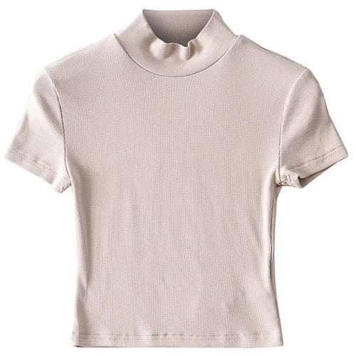 Load image into Gallery viewer, Women High Neck Fitted Short Sleeve T-shirt Rib Crop Rib Top
