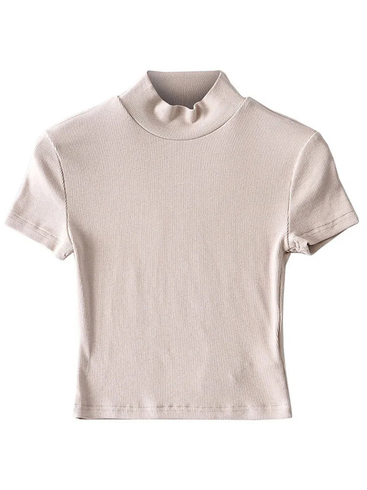 Women High Neck Fitted Short Sleeve T-shirt Rib Crop Rib Top