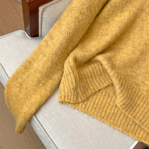 Load image into Gallery viewer, Korean Style Autumn Winter Yellow Elegant Long Sleeves Knit Cotton Sweater Women's Lapel Pullover Short Tops Popular Simplicity
