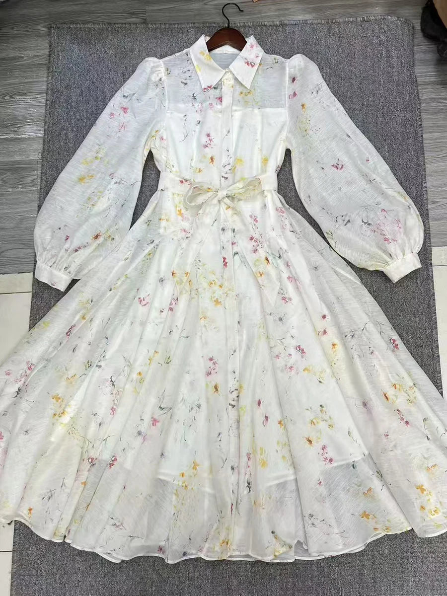 Hit Color Printing Loose Casual Dresses For Women Lapel Long Sleeve High Waist  Temperament Long Dress Female New