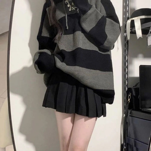 Load image into Gallery viewer, 2025 Vintage Autumn Fashion Black Striped Pullovers Women Knitted Oversized Hooded Sweaters Y2k Aesthetic Loose Grunge Jumpers
