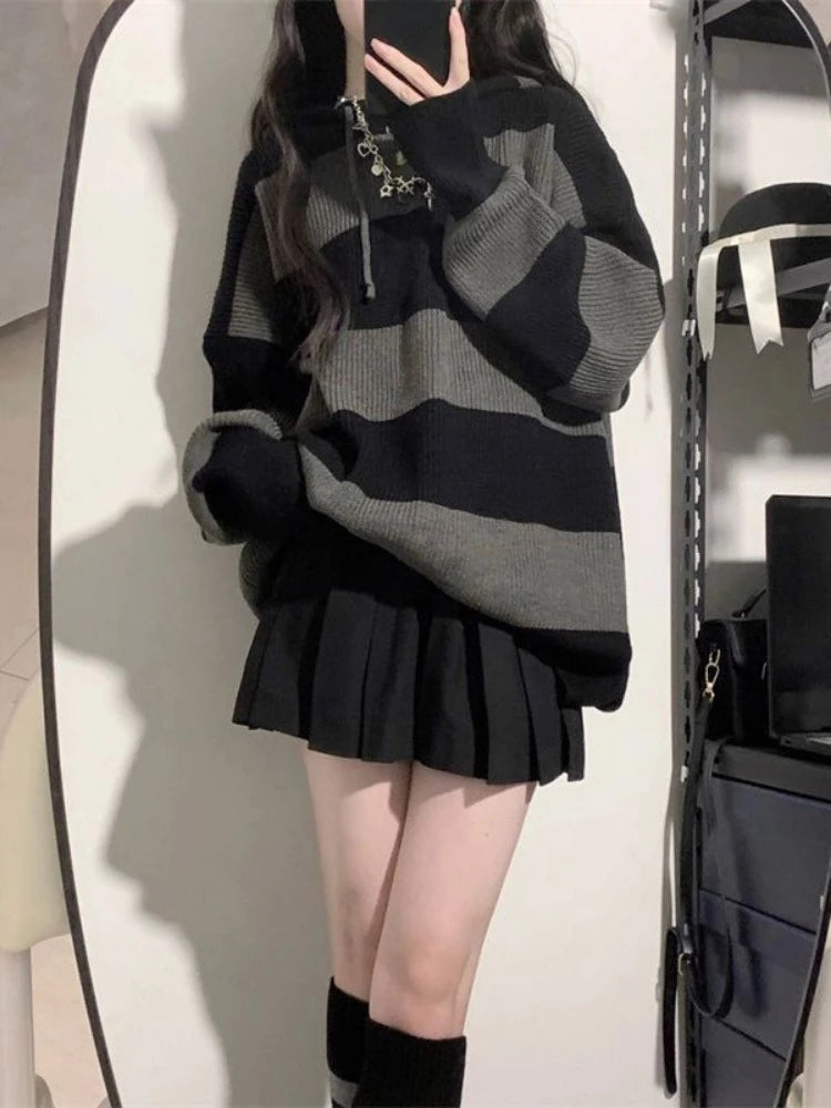 2025 Vintage Autumn Fashion Black Striped Pullovers Women Knitted Oversized Hooded Sweaters Y2k Aesthetic Loose Grunge Jumpers