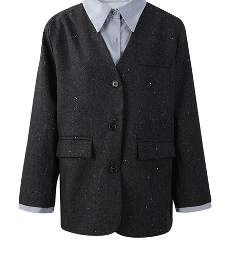 Women Black Color-block Big Size Elegant Blazer New Lapel Long Sleeve Jacket Fashion Tide Spring Autumn 2025 7AB8422