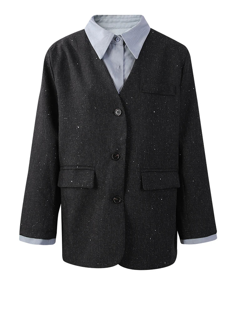 Women Black Color-block Big Size Elegant Blazer New Lapel Long Sleeve Jacket Fashion Tide Spring Autumn 2025 7AB8422