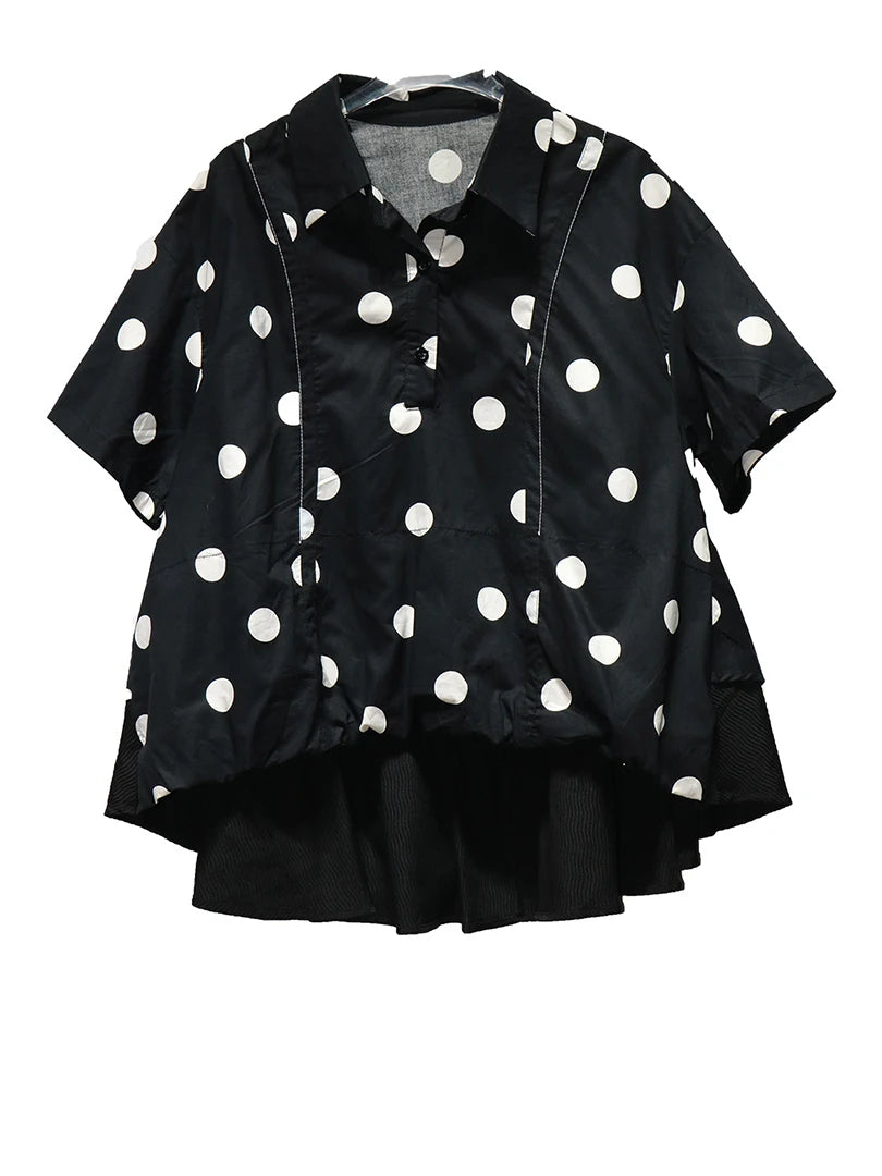 Women Black Dot Printed Irregular Big Size Blouse New Lapel Short Sleeve Shirt Fashion Tide Spring Summer 2025 1DJ1612