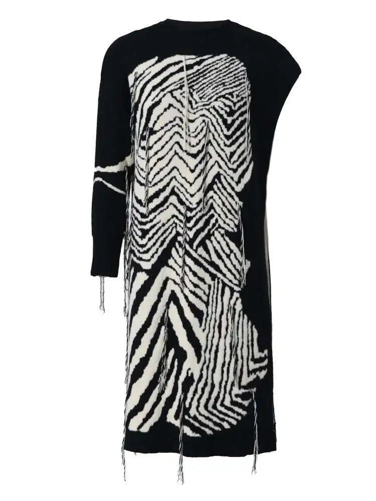 Women  Knitting Striped Tassels Big Size Dress New Round Neck Long Sleeve Loose Fit Fashion Tide Spring Autumn 2025 SG592