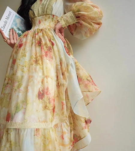 Hit Color Temperament Elegant Dresses For Women V Neck Long Sleeve High Waist Temperament Long Dress Female Fashion