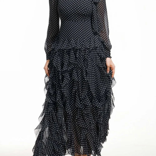 Load image into Gallery viewer, Hit Color Slimming Dresses For Women Scarf Collar Long Sleeve High Waist Temperament Mesh Dresses Female Fashion
