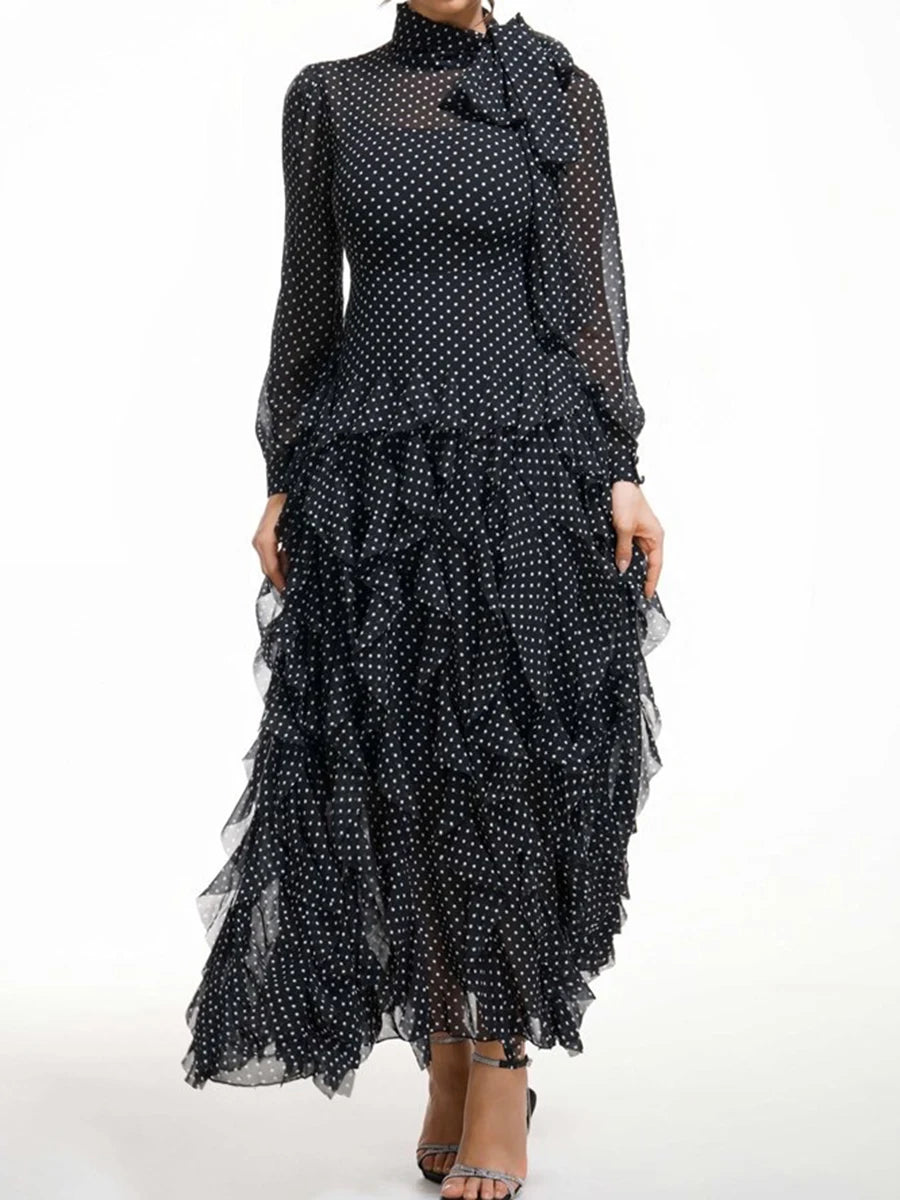 Hit Color Slimming Dresses For Women Scarf Collar Long Sleeve High Waist Temperament Mesh Dresses Female Fashion