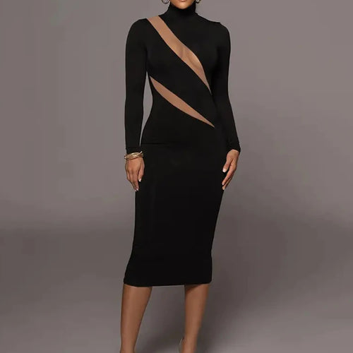 Load image into Gallery viewer, Autumn/Winter Long Sleeve Mesh Patchwork Dress Women's Perspective Bodycon Midi Dress Female Elegant Party Evening Dress
