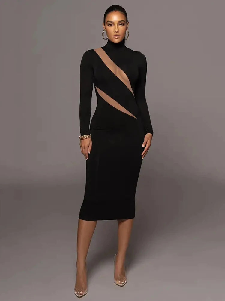 Autumn/Winter Long Sleeve Mesh Patchwork Dress Women's Perspective Bodycon Midi Dress Female Elegant Party Evening Dress
