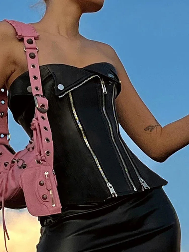 Asymmetrical Fashion Strapless Milkmaid PU Leather Top Female Zipper Clubwear Sexy Vest Bodycon Party Crop Tops Tube