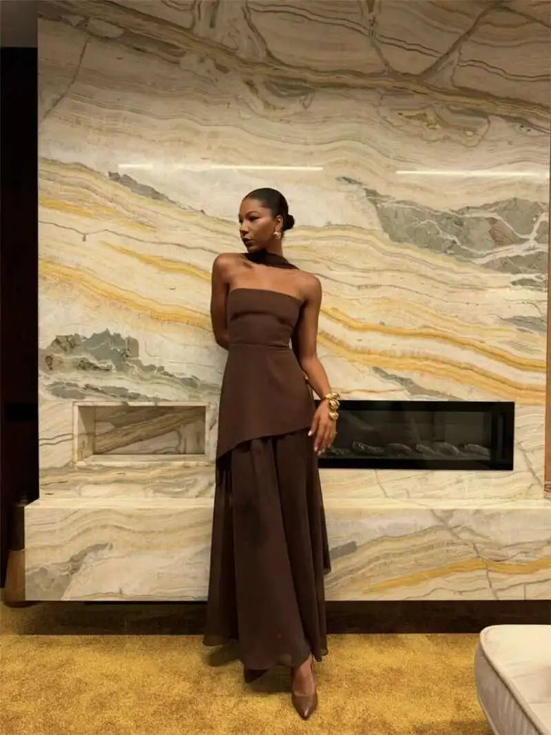 Elegant Strapless Sexy Maxi Dress For Women Gown With Scarf Off-shoulder Sleeveless Backless Split Beach Long Dress