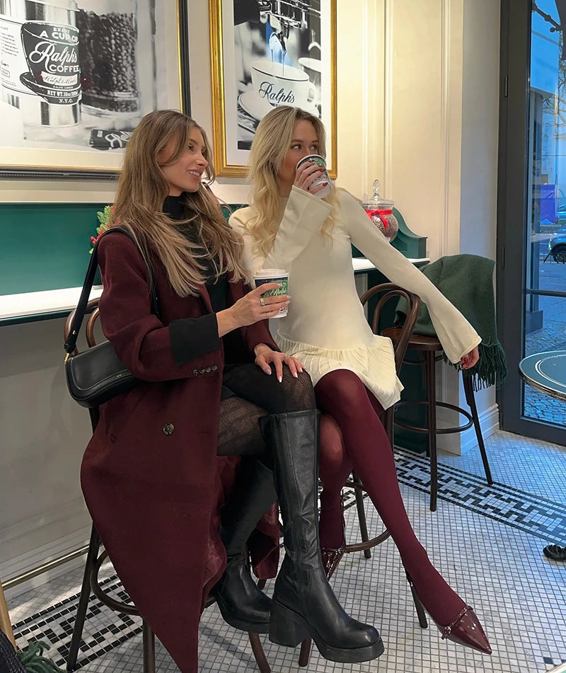 Half High Collar Long Sleeve Knit Mini Dress For Women Autumn Winter New Solid High Waist Pleated Knit Sweater Dress