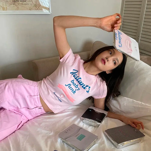 Load image into Gallery viewer, Y2k Aesthetics Pink T-shirt Korean Fashion Designer Clothes Kawaii Slim Crop Top Grunge Letter Print Short Sleeve Tshirt
