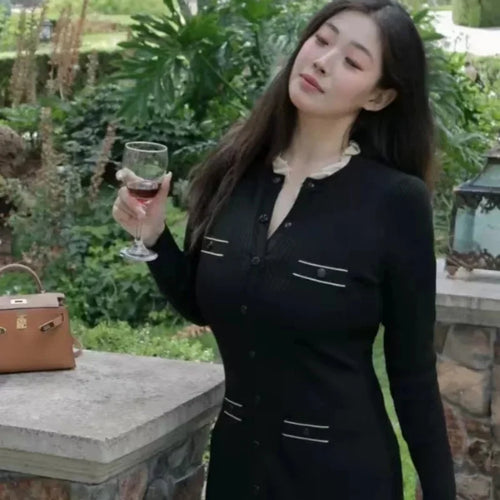 Load image into Gallery viewer, Korean 2024 Autumn Winter New Ladies Black Elegant Long Sleeve Knitted Dress Women Fashion Crew Neck Slim Single Breasted Dress
