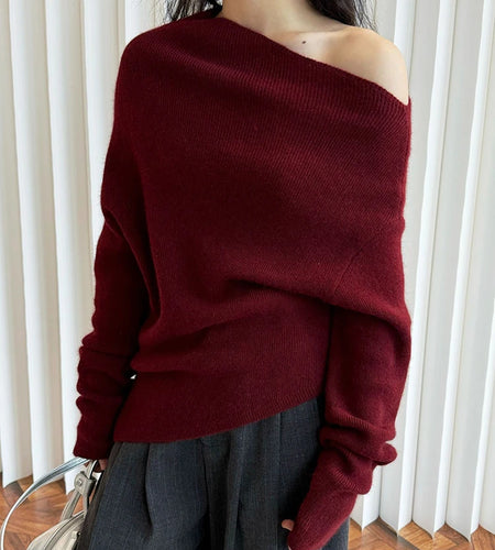 42% Wool Elegant Knitting Sweater Skew Collar Long Sleeve Women Pullovers New Fashion Tide Spring Autumn 2025 1DH9240