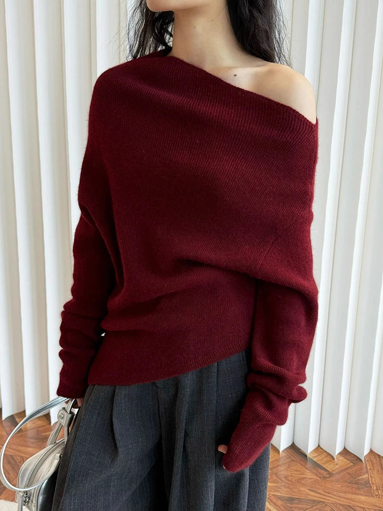 42% Wool Elegant Knitting Sweater Skew Collar Long Sleeve Women Pullovers New Fashion Tide Spring Autumn 2025 1DH9240