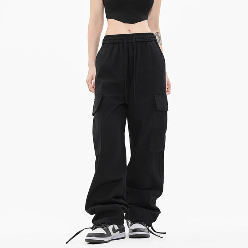 Solid Color Multi Pocket Men's Pants Casual Straight Drawstring Trendy Elastic Waist Wide Leg Simple Male Trousers 9W101