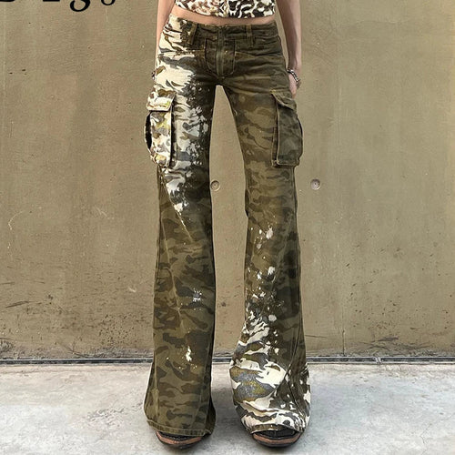 Load image into Gallery viewer, Vintage Low Wasit Camouflage Flared Jeans Women Tie Dye Big Pockets Full Lenght Denim Trousers Y2K Streetwear Bottoms
