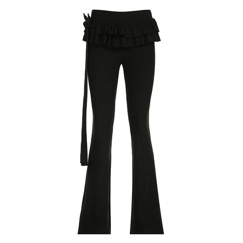 Load image into Gallery viewer, Fashion Skinny Ruffles Black Flare Pants Solid Low Waist Tierred Folds Bow Boot Cut Trousers Elegant Sweatpants Chic
