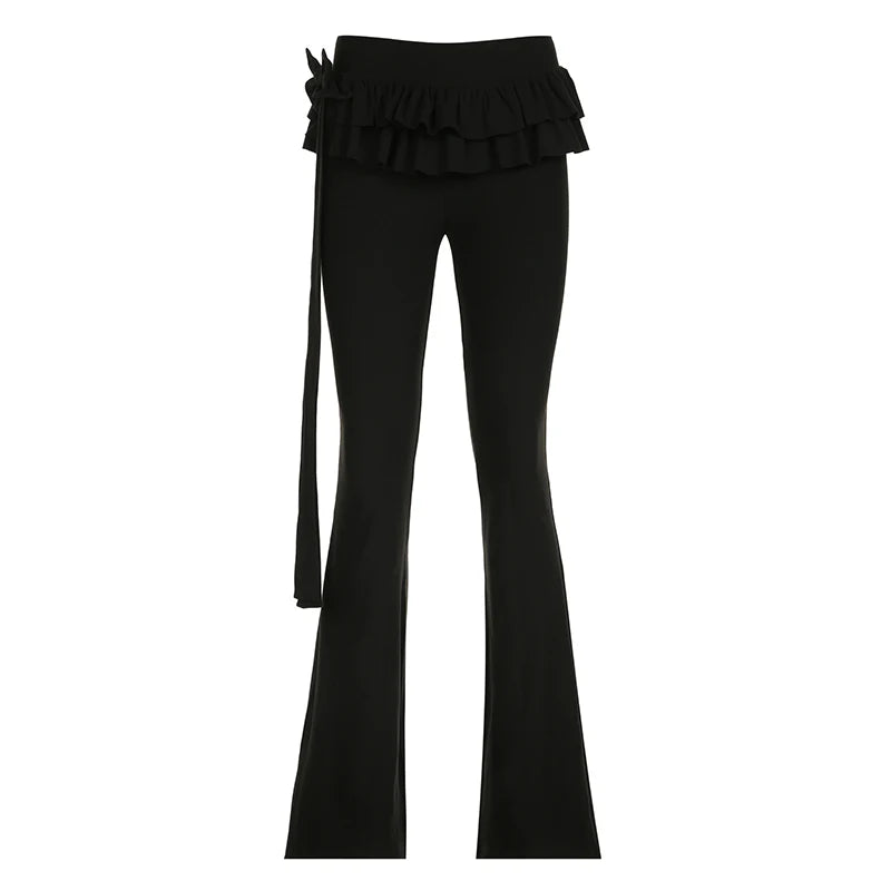 Fashion Skinny Ruffles Black Flare Pants Solid Low Waist Tierred Folds Bow Boot Cut Trousers Elegant Sweatpants Chic