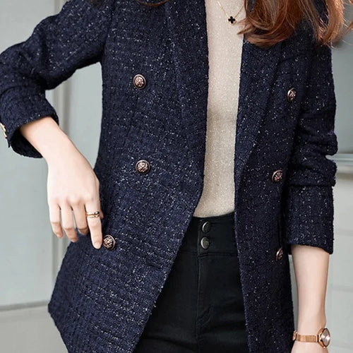 Load image into Gallery viewer, Women&#39;s Casual Long Slee Double-Breasted Tweed Blazers French Elegance Thick Long Overcoat with Button for Winter Women Blazers
