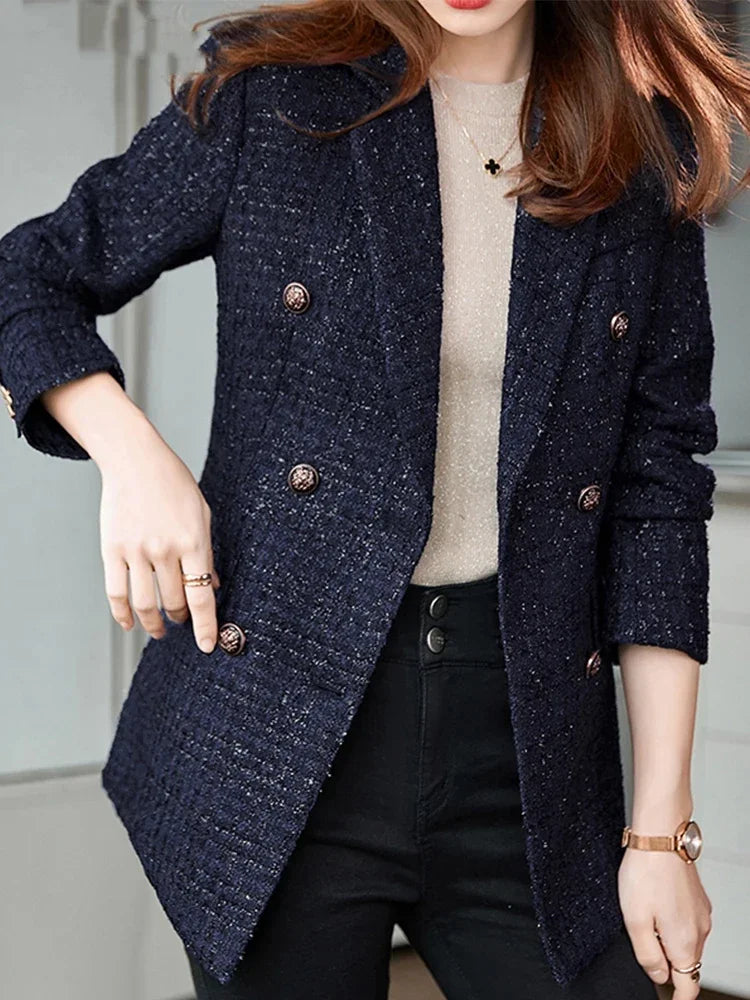 Women's Casual Long Slee Double-Breasted Tweed Blazers French Elegance Thick Long Overcoat with Button for Winter Women Blazers