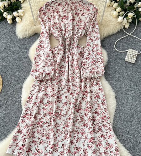 Vintage Women Elegant Pink Floral High Waist Birthday Party Dress French Long Sleeve Vacation Dress 2025 Spring Autumn Bohemian