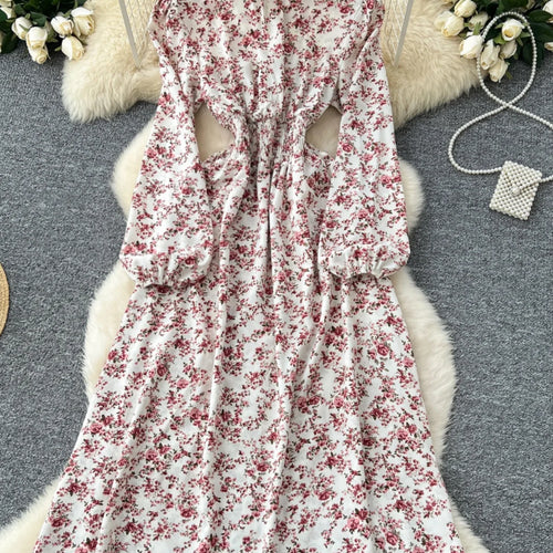 Load image into Gallery viewer, Vintage Women Elegant Pink Floral High Waist Birthday Party Dress French Long Sleeve Vacation Dress 2025 Spring Autumn Bohemian
