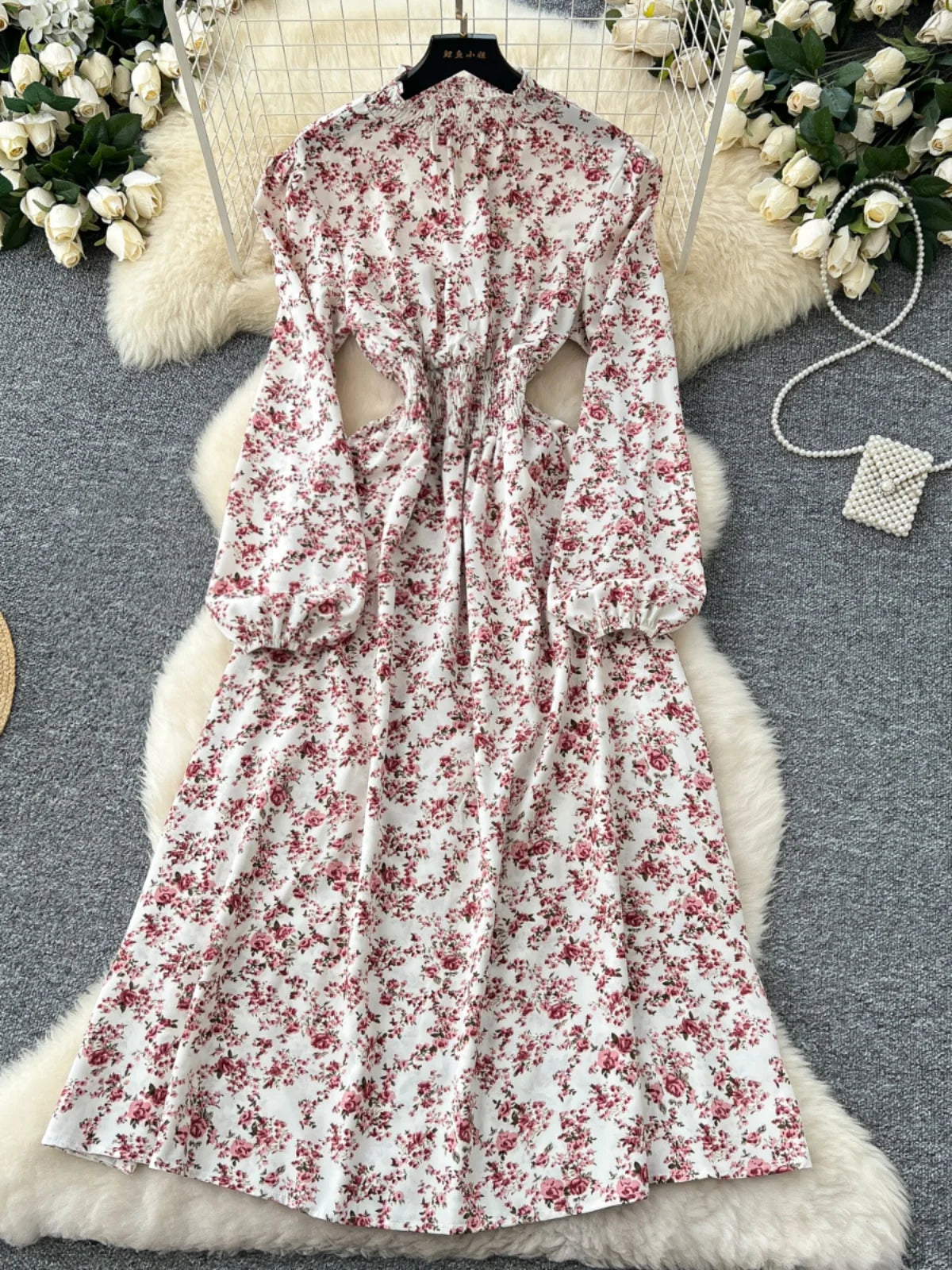 Vintage Women Elegant Pink Floral High Waist Birthday Party Dress French Long Sleeve Vacation Dress 2025 Spring Autumn Bohemian