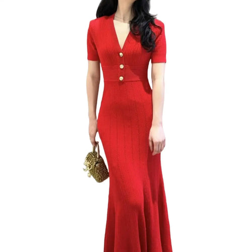 Load image into Gallery viewer, Korean Summer Black White Elegant Office Knit Long Dress Women Blue Red V-neck Slim Short Sleeve Single Breasted Fishtail Dress
