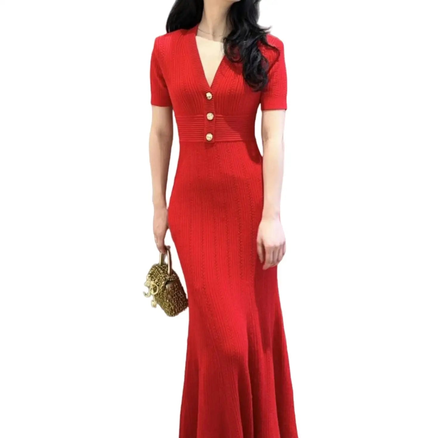 Korean Summer Black White Elegant Office Knit Long Dress Women Blue Red V-neck Slim Short Sleeve Single Breasted Fishtail Dress